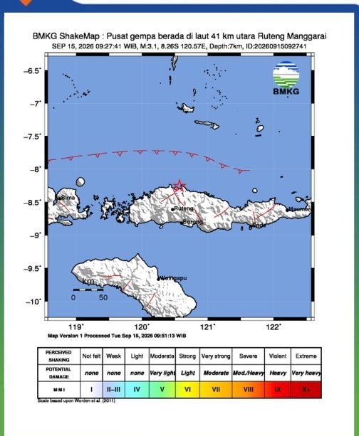 Gempa M3.1 Guncang Laut Utara Ruteng Manggarai, BMKG: Tidak Berpotensi tsunami